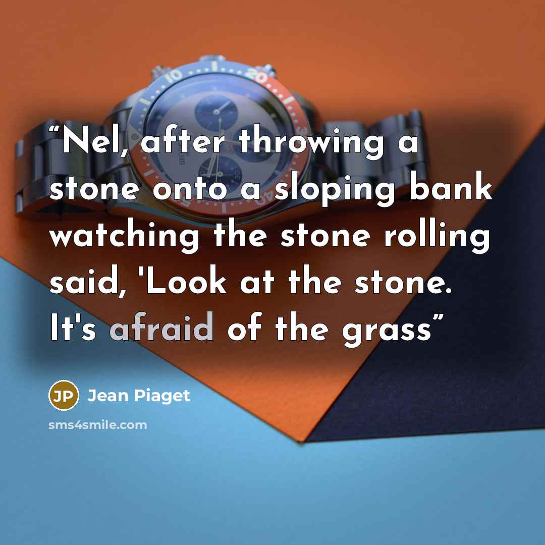 “Nel, after throwing a stone onto a sloping bank watching the stone rolling said, 'Look at the stone. It's afraid of the grass” quote by Jean Piaget
