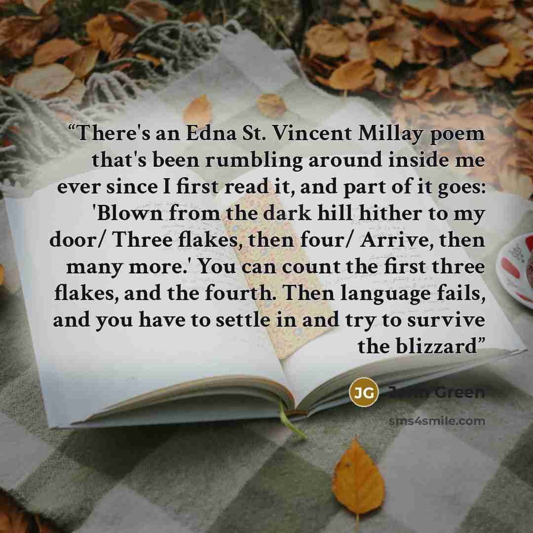 “There's an Edna St. Vincent Millay poem that's been rumbling around inside me ever since I first read it, and part of it goes: 'Blown from the dark hill hither to my door/ Three flakes, then four/ Arrive, then many more.' You can count the first three flakes, and the fourth. Then language fails…” quote by John Green