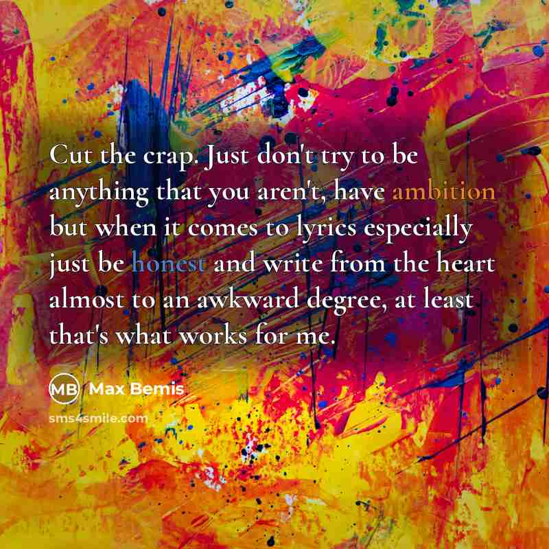 “Cut the crap. Just don't try to be anything that you aren't, have ambition but when it comes to lyrics especially just be honest and write from the heart almost to an awkward degree, at least that's what works for me.” quote by Max Bemis