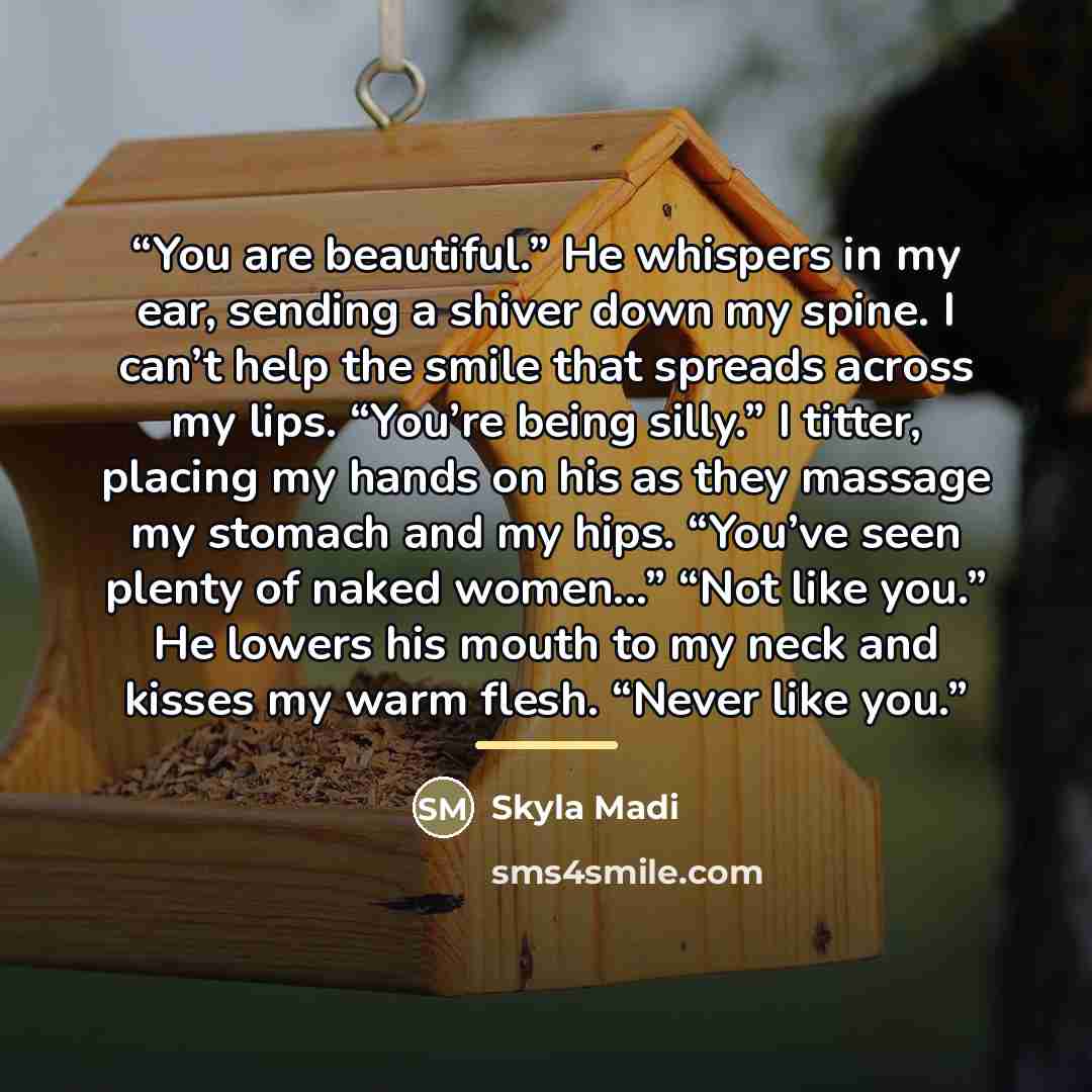 “You are beautiful.” He whispers in my ear, sending a shiver down my spine. I can’t help the smile that spreads across my lips. “You’re being silly.” I titter, placing my hands on his as they massage my stomach and my hips. “You’ve seen plenty of naked women...” “Not like you.” He lowers his mouth…” quote by Skyla Madi