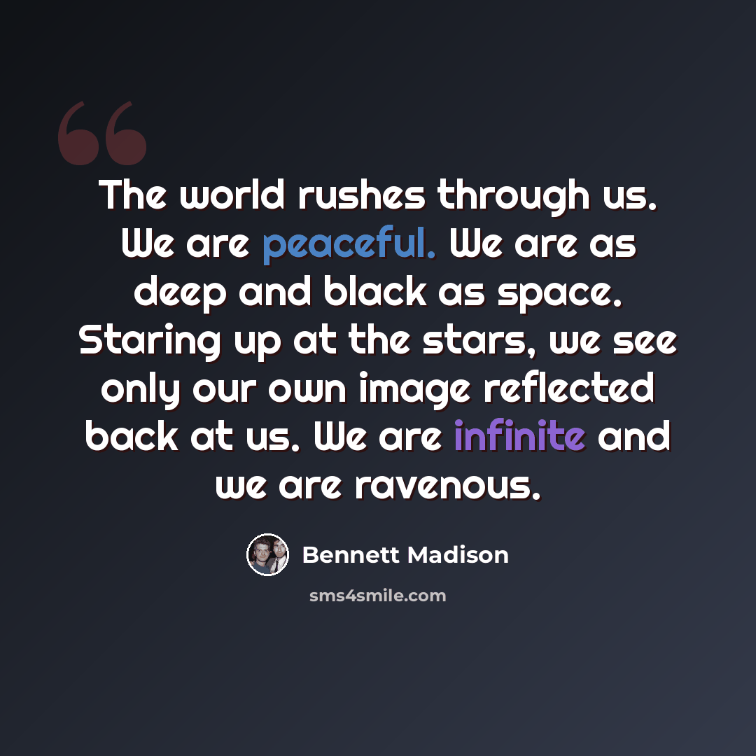 “The world rushes through us. We are peaceful. We are as deep and black as space. Staring up at the stars, we see only our own image reflected back at us. We are infinite and we are ravenous.” quote by Bennett Madison