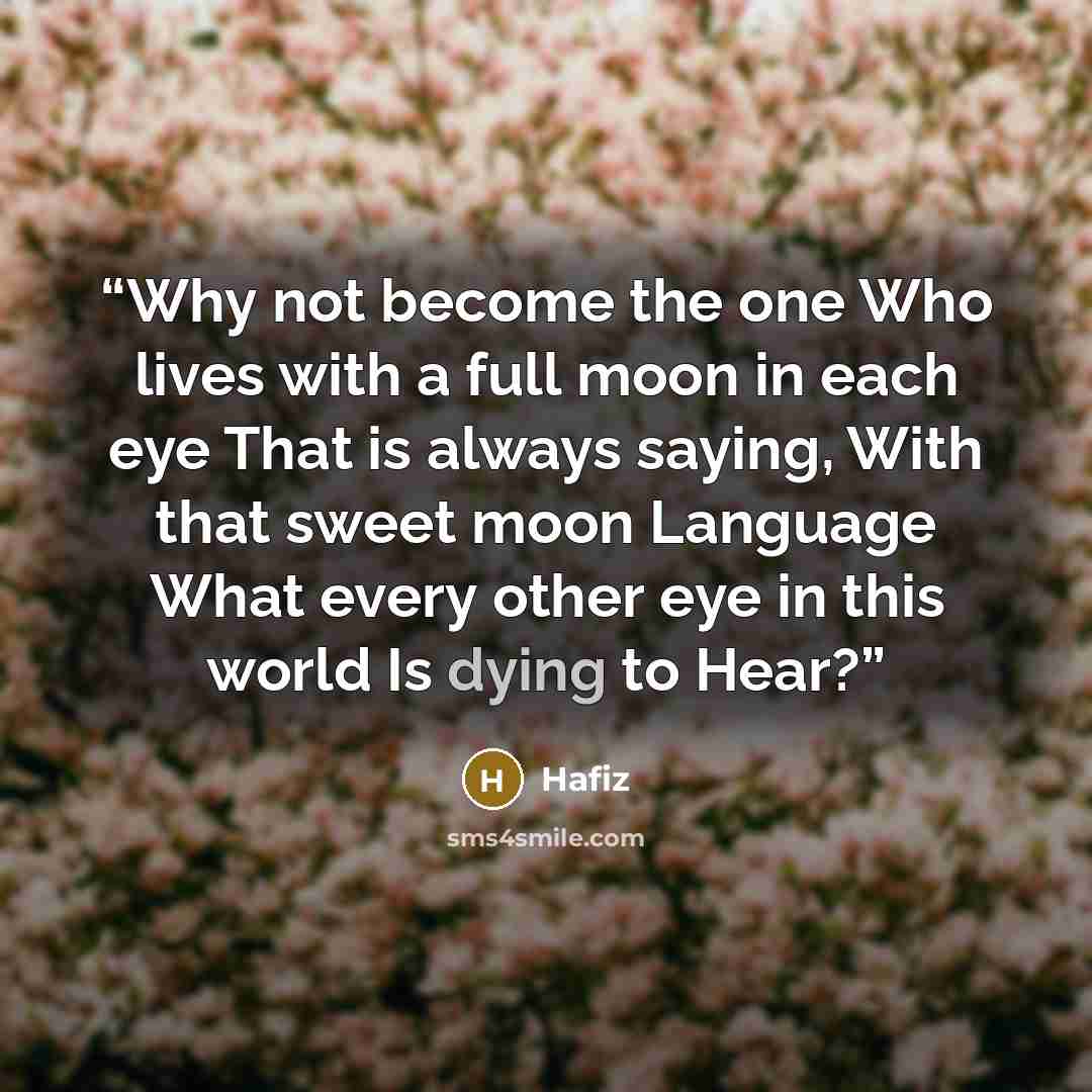 “Why not become the one Who lives with a full moon in each eye That is always saying, With that sweet moon Language What every other eye in this world Is dying to Hear?” quote by Hafiz