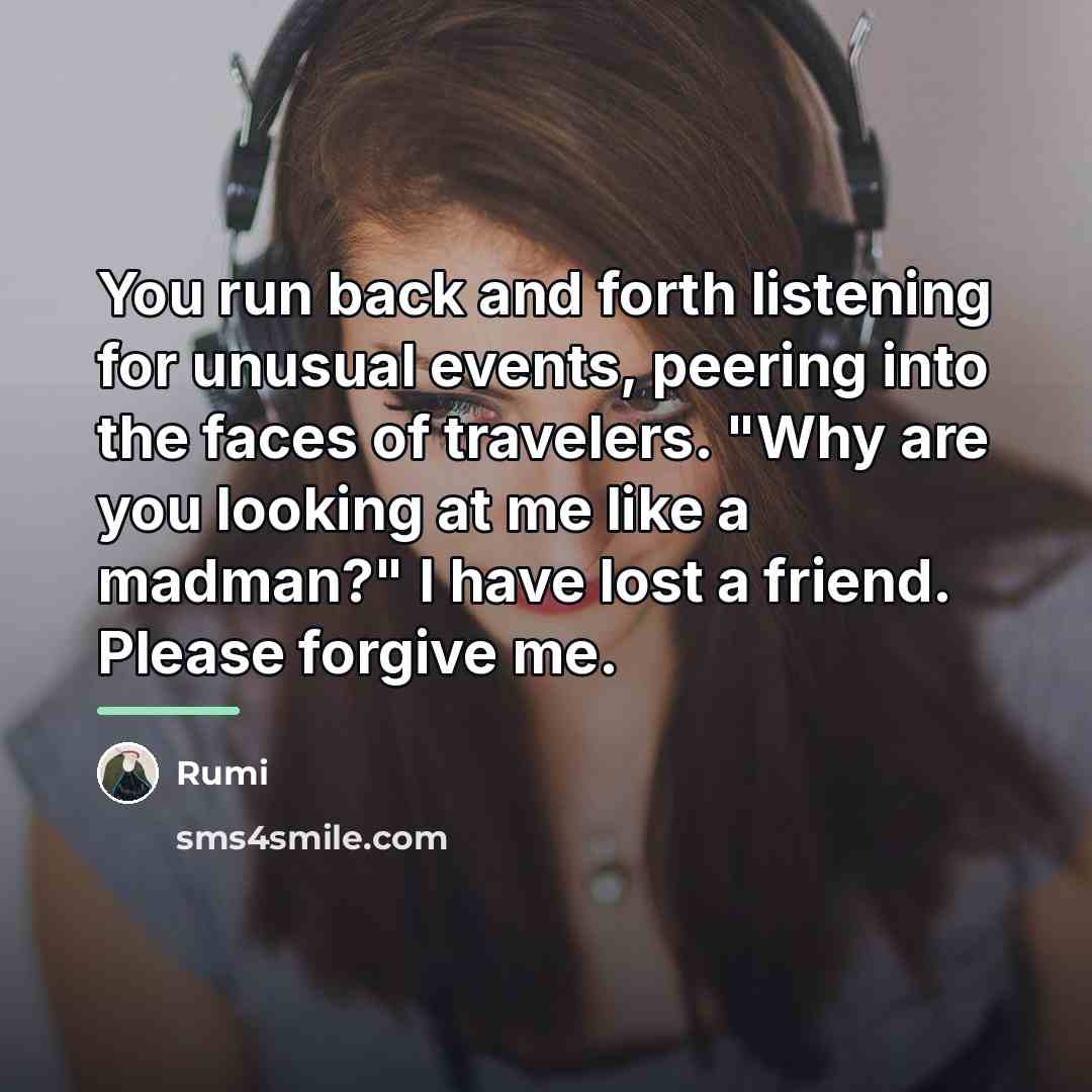 “You run back and forth listening for unusual events, peering into the faces of travelers. "Why are you looking at me like a madman?" I have lost a friend. Please forgive me.” quote by Rumi