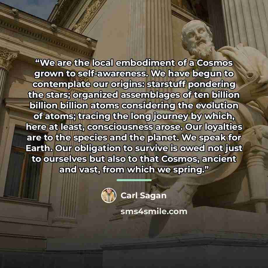 “We are the local embodiment of a Cosmos grown to self-awareness. We have begun to contemplate our origins: starstuff pondering the stars; organized assemblages of ten billion billion billion atoms considering the evolution of atoms; tracing the long journey by which, here at least, consciousness…” quote by Carl Sagan