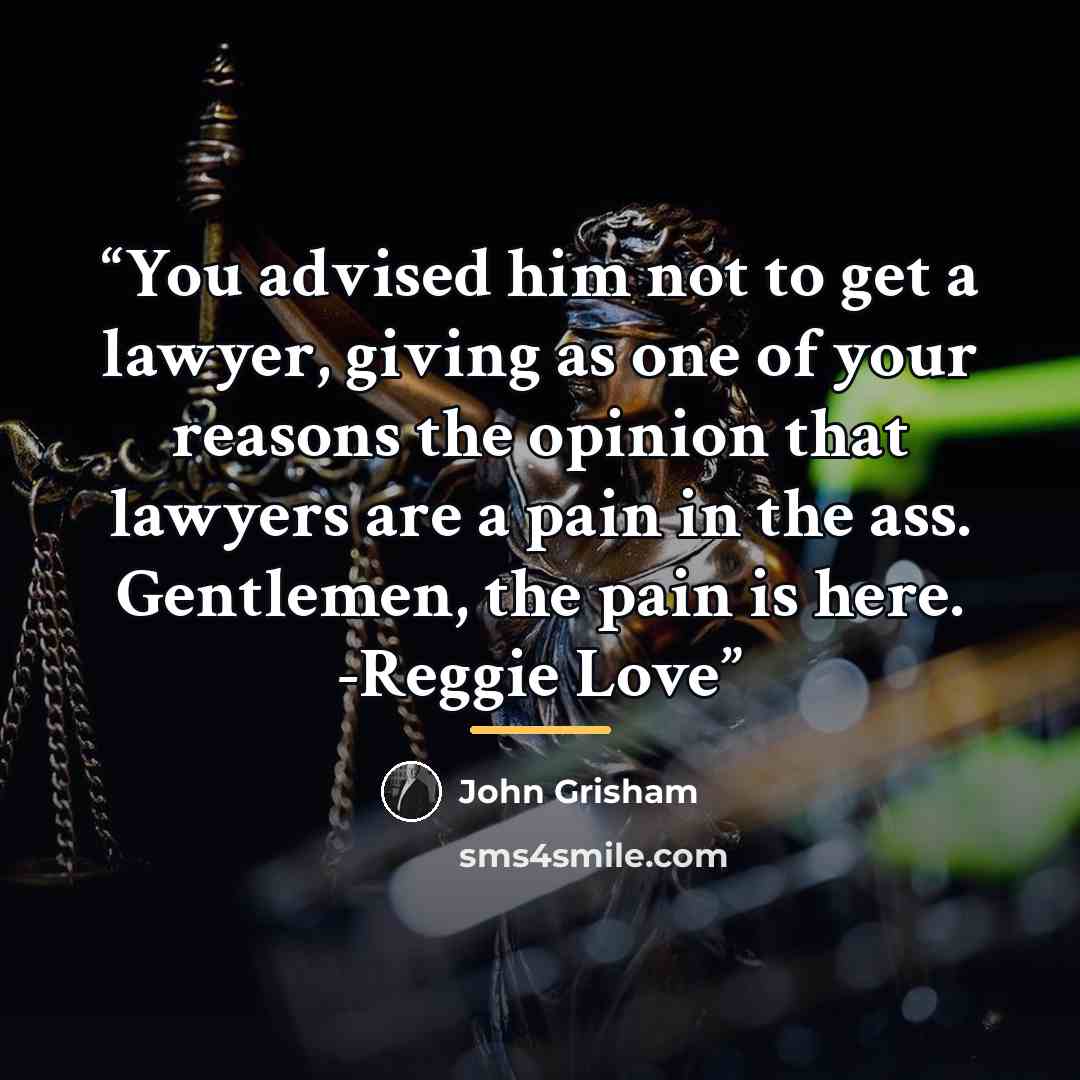 “You advised him not to get a lawyer, giving as one of your reasons the opinion that lawyers are a pain in the ass. Gentlemen, the pain is here. -Reggie Love” quote by John Grisham