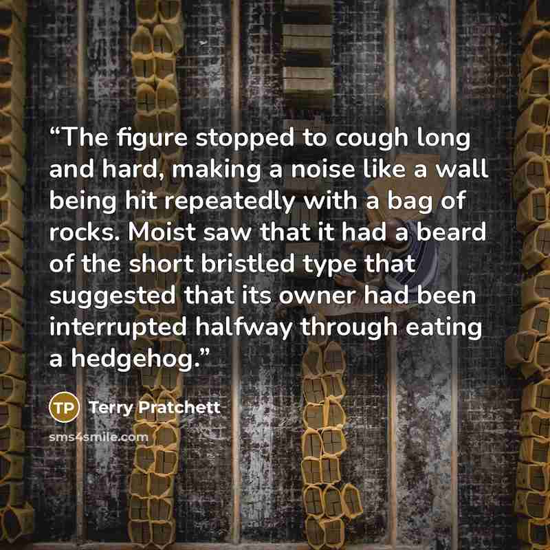 “The figure stopped to cough long and hard, making a noise like a wall being hit repeatedly with a bag of rocks. Moist saw that it had a beard of the short bristled type that suggested that its owner had been interrupted halfway through eating a hedgehog.” quote by Terry Pratchett