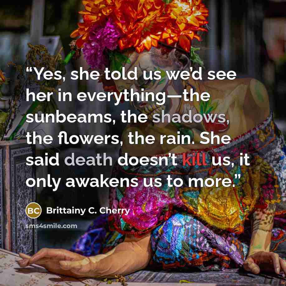 “Yes, she told us we’d see her in everything—the sunbeams, the shadows, the flowers, the rain. She said death doesn’t kill us, it only awakens us to more.” quote by Brittainy C. Cherry