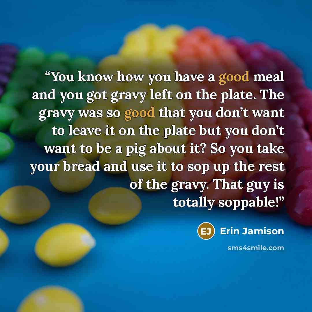 “You know how you have a good meal and you got gravy left on the plate. The gravy was so good that you don’t want to leave it on the plate but you don’t want to be a pig about it? So you take your bread and use it to sop up the rest of the gravy. That guy is totally soppable!” quote by Erin Jamison