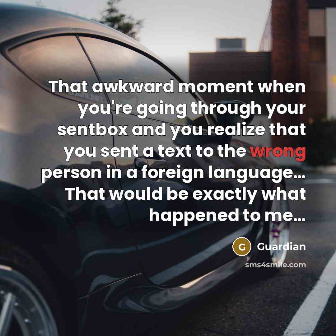 “That awkward moment when you're going through your sentbox and you realize that you sent a text to the wrong person in a foreign language… That would be exactly what happened to me…” quote by Guardian
