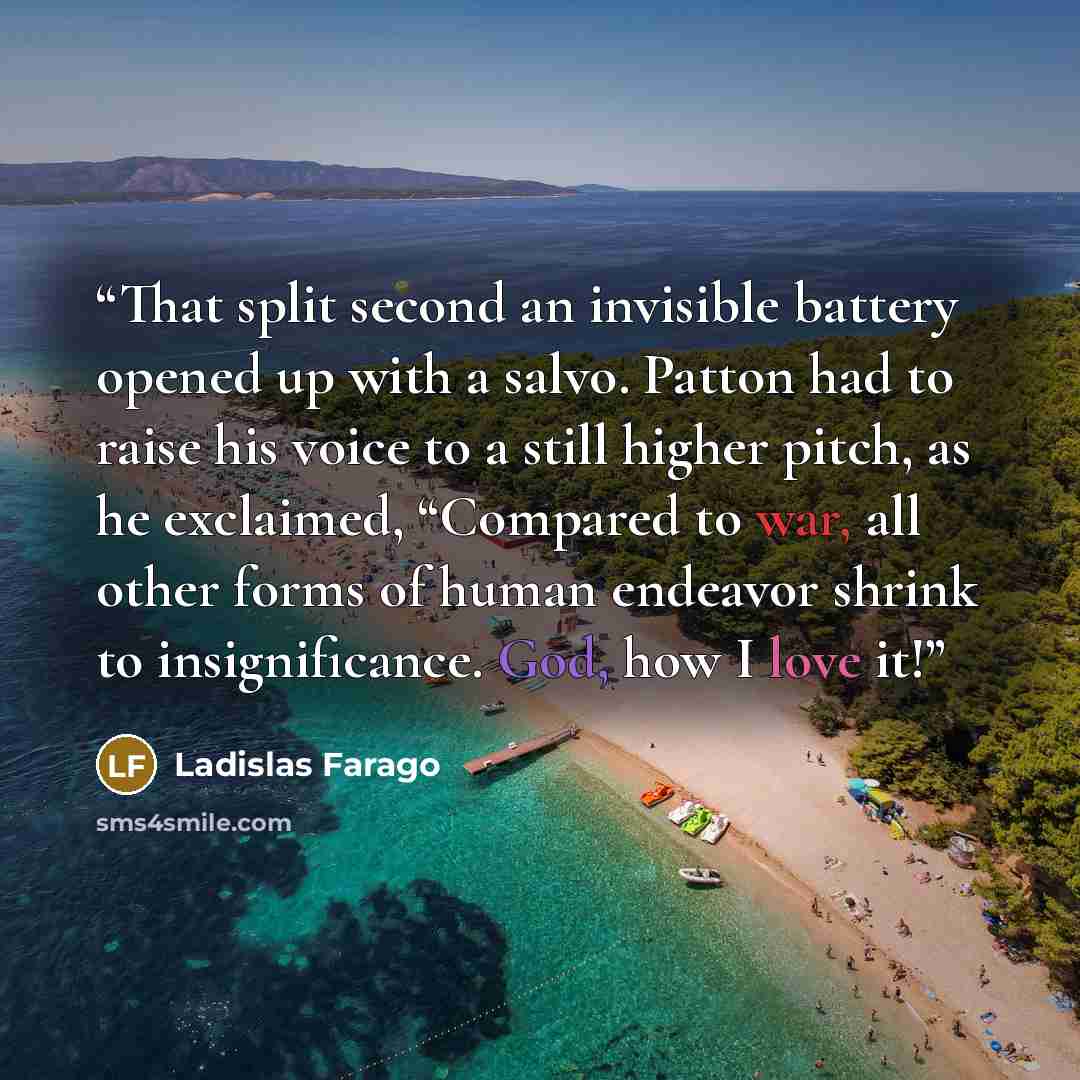“That split second an invisible battery opened up with a salvo. Patton had to raise his voice to a still higher pitch, as he exclaimed, “Compared to war, all other forms of human endeavor shrink to insignificance. God, how I love it!” quote by Ladislas Farago