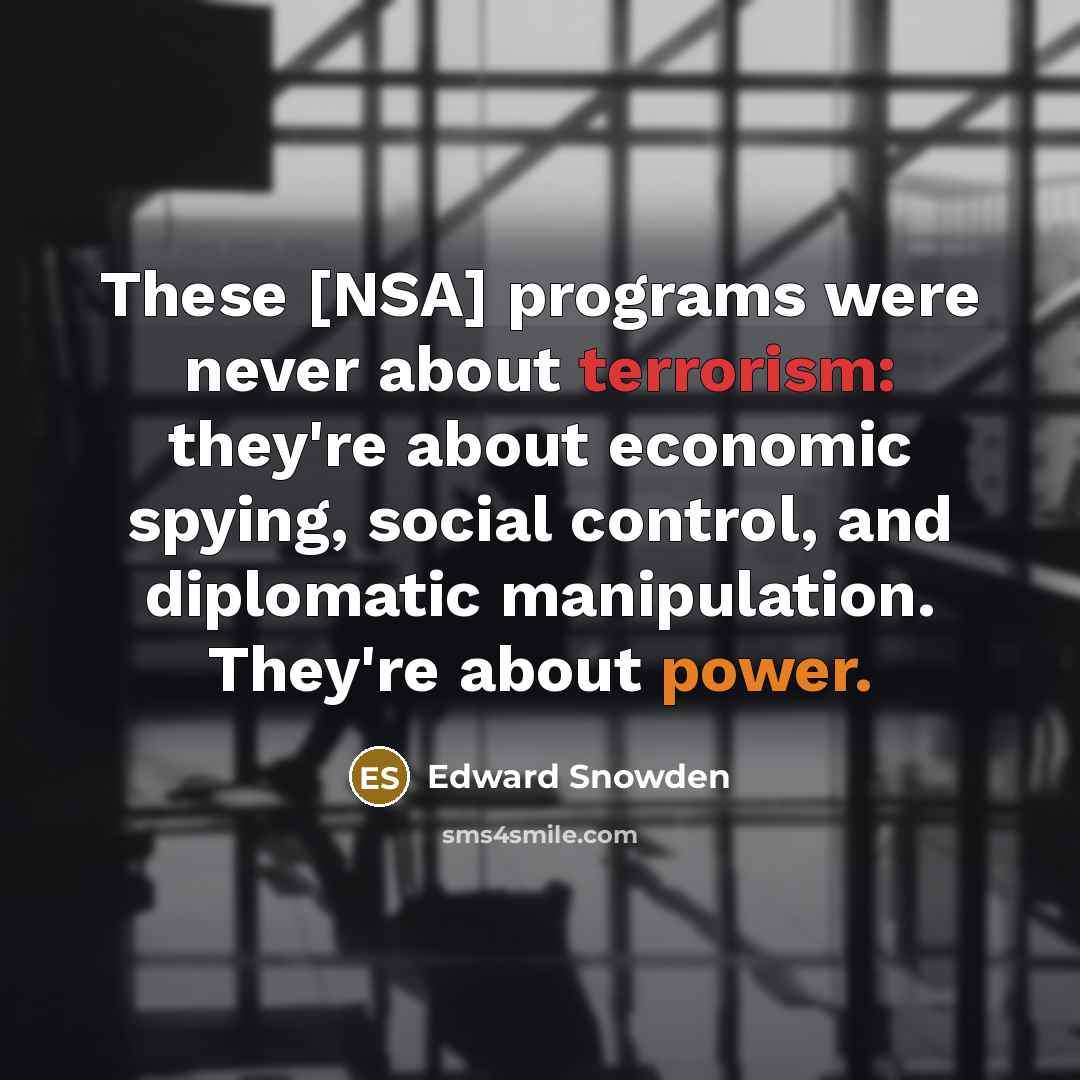 “These [NSA] programs were never about terrorism: they're about economic spying, social control, and diplomatic manipulation. They're about power.” quote by Edward Snowden
