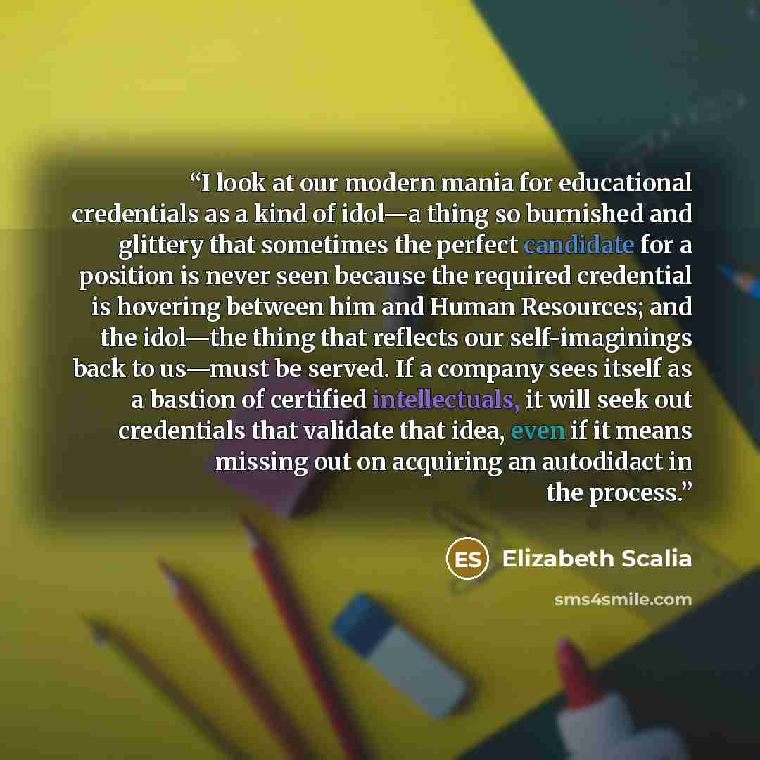 “I look at our modern mania for educational credentials as a kind of idol—a thing so burnished and glittery that sometimes the perfect candidate for a position is never seen because the required credential is hovering between him and Human Resources; and the idol—the thing that reflects our…” quote by Elizabeth Scalia