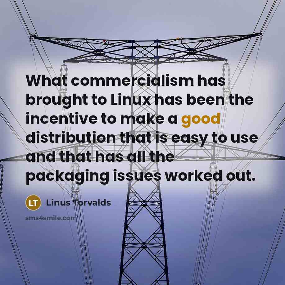 “What commercialism has brought to Linux has been the incentive to make a good distribution that is easy to use and that has all the packaging issues worked out.” quote by Linus Torvalds