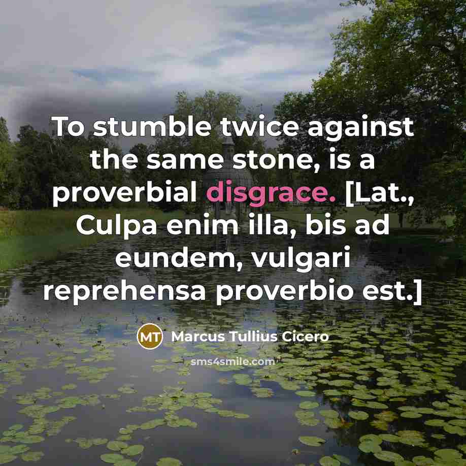 “To stumble twice against the same stone, is a proverbial disgrace. [Lat., Culpa enim illa, bis ad eundem, vulgari reprehensa proverbio est.]” quote by Marcus Tullius Cicero