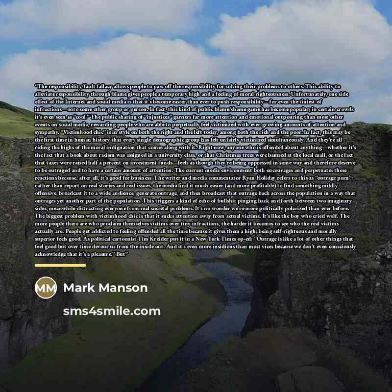 “The responsibility/fault fallacy allows people to pass off the responsibility for solving their problems to others. This ability to alleviate responsibility through blame gives people a temporary high and a feeling of moral righteousness. Unfortunately, one side effect of the Internet and social…” quote by Mark Manson