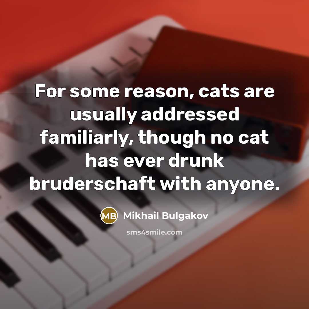 “For some reason, cats are usually addressed familiarly, though no cat has ever drunk bruderschaft with anyone.” quote by Mikhail Bulgakov