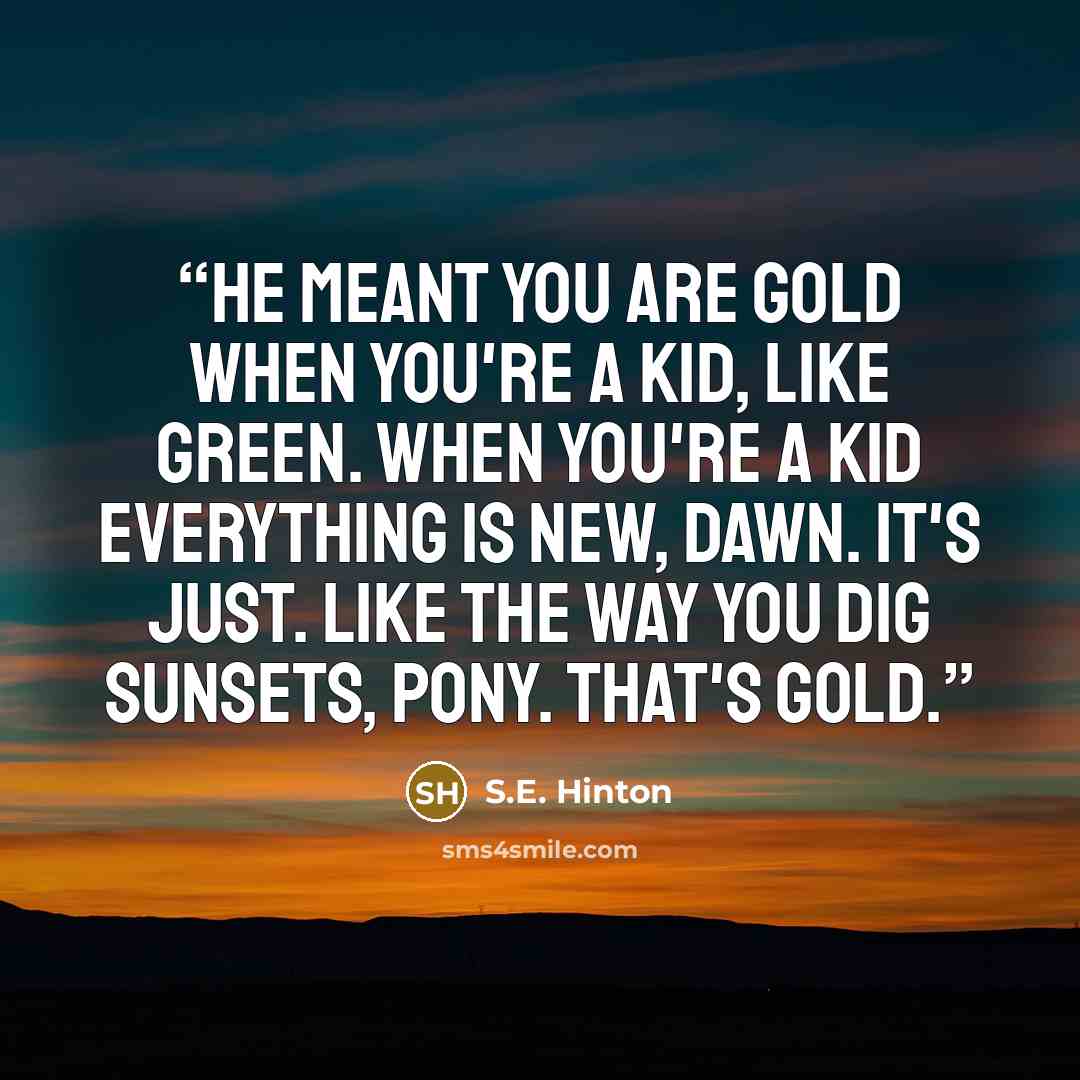 “He meant you are gold when you're a kid, like green. When you're a kid everything is new, dawn. It's just. Like the way you dig sunsets, Pony. That's gold.” quote by S.E. Hinton