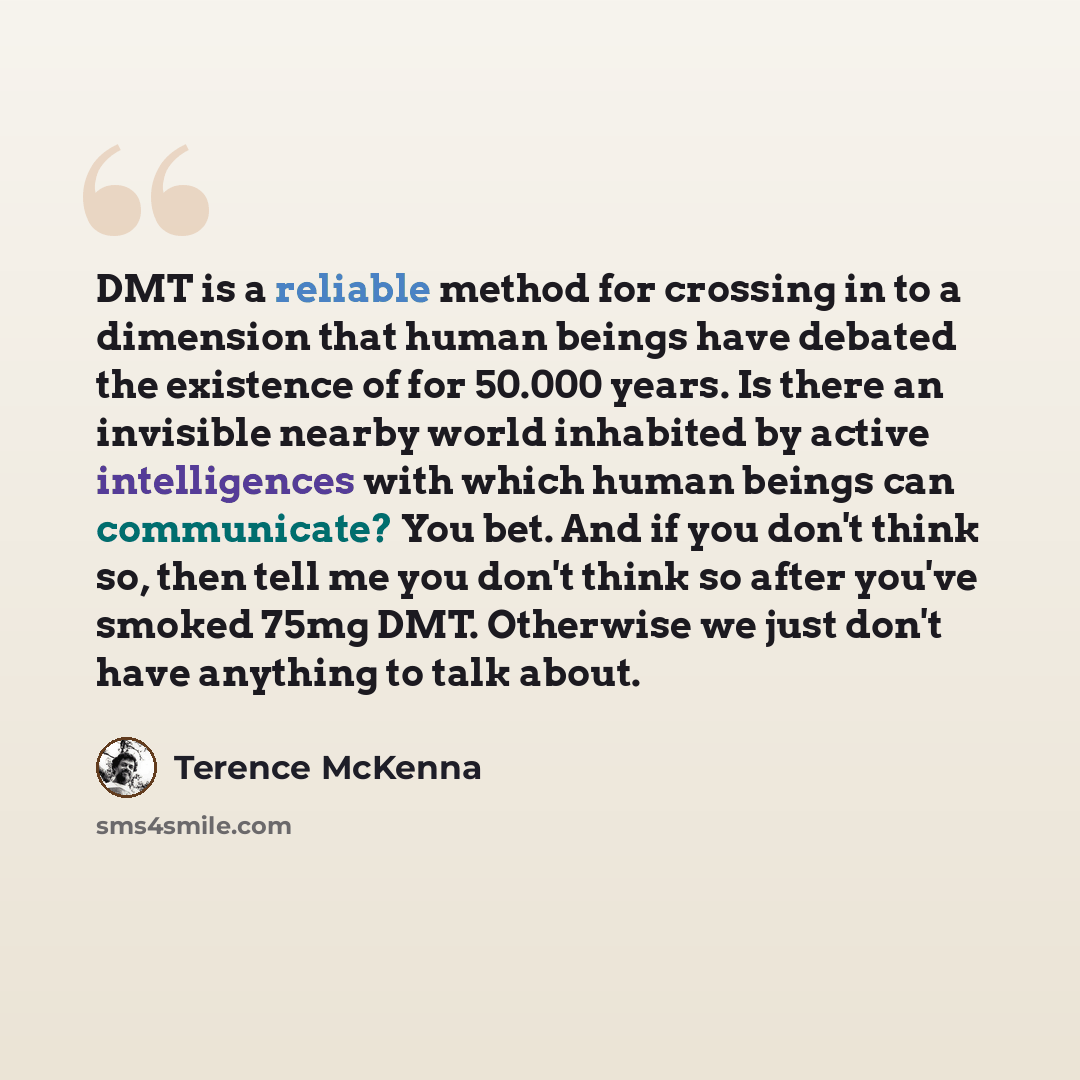 “DMT is a reliable method for crossing in to a dimension that human beings have debated the existence of for 50.000 years. Is there an invisible nearby world inhabited by active intelligences with which human beings can communicate? You bet. And if you don't think so, then tell me you don't think…” quote by Terence McKenna