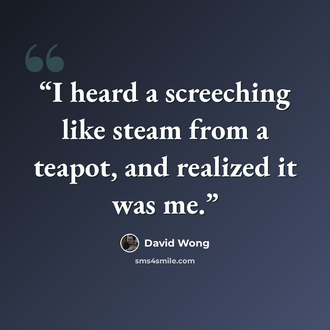 “I heard a screeching like steam from a teapot, and realized it was me.” quote by David Wong