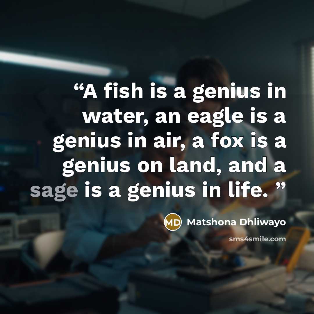 “A fish is a genius in water, an eagle is a genius in air, a fox is a genius on land, and a sage is a genius in life.” quote by Matshona Dhliwayo