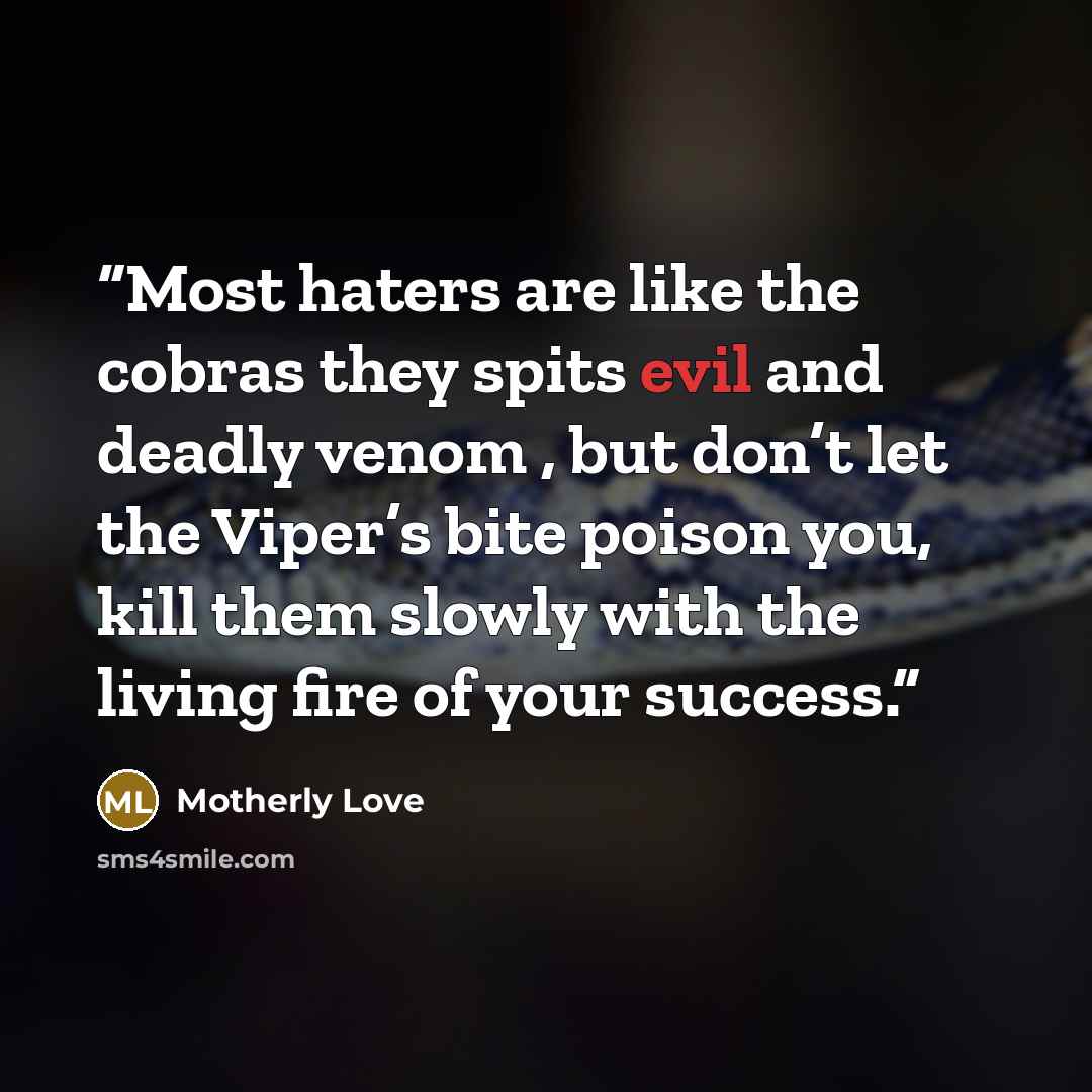“Most haters are like the cobras they spits evil and deadly venom , but don’t let the Viper’s bite poison you, kill them slowly with the living fire of your success.” quote by Motherly Love