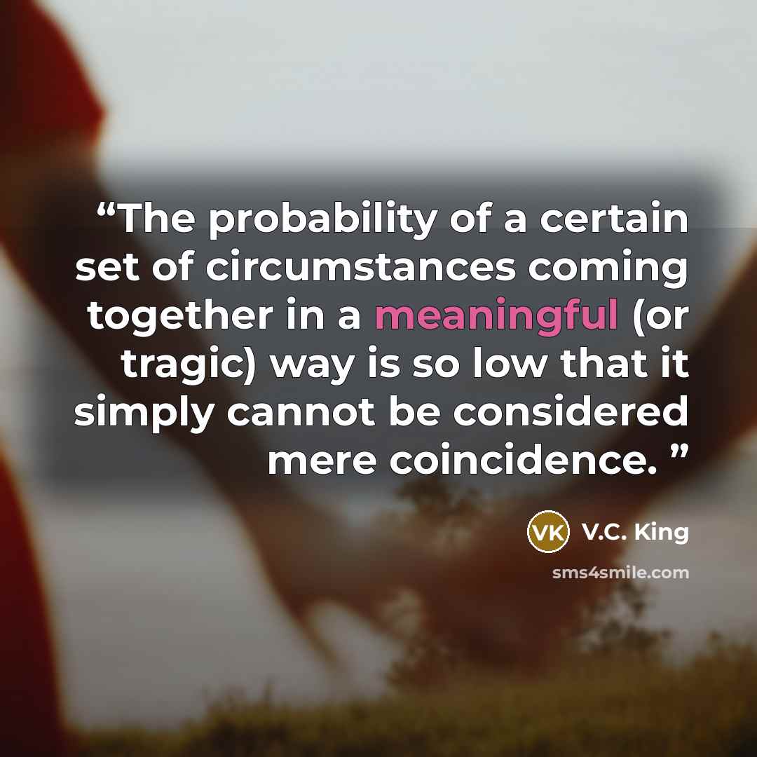 “The probability of a certain set of circumstances coming together in a meaningful (or tragic) way is so low that it simply cannot be considered mere coincidence.” quote by V.C. King