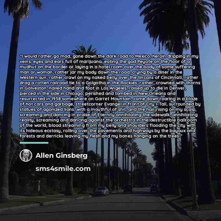 “I would rather go mad, gone down the dark road to Mexico, heroin dripping in my veins, eyes and ears full of marijuana, eating the god Peyote on the floor of a mudhut on the border or laying in a hotel room over the body of some suffering man or woman; rather jar my body down the road, crying by a…” quote by Allen Ginsberg