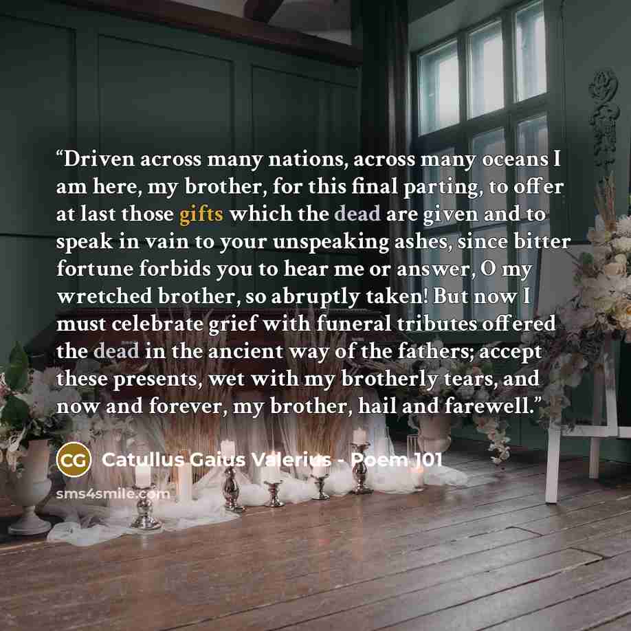 “Driven across many nations, across many oceans I am here, my brother, for this final parting, to offer at last those gifts which the dead are given and to speak in vain to your unspeaking ashes, since bitter fortune forbids you to hear me or answer, O my wretched brother, so abruptly taken! But…” quote by Catullus Gaius Valerius - Poem 101