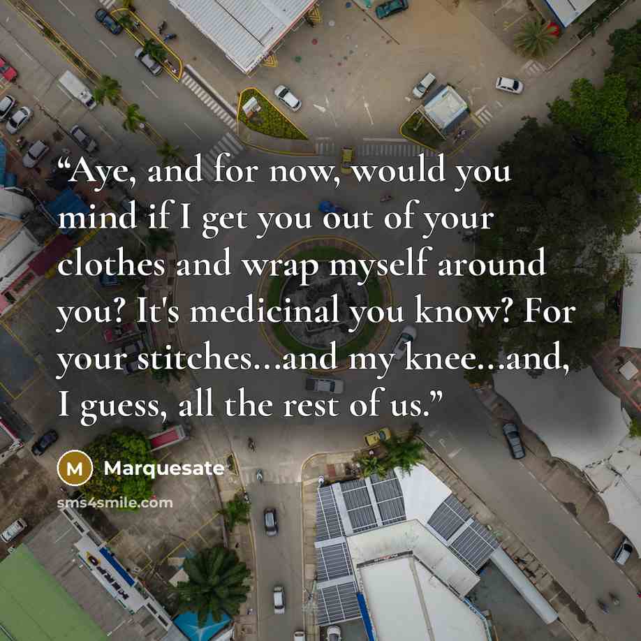 “Aye, and for now, would you mind if I get you out of your clothes and wrap myself around you? It's medicinal you know? For your stitches...and my knee...and, I guess, all the rest of us.” quote by Marquesate