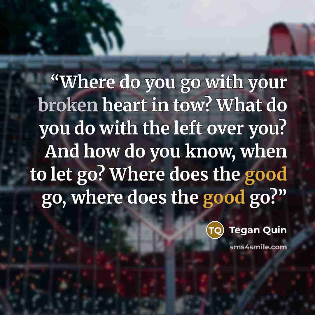 “Where do you go with your broken heart in tow? What do you do with the left over you? And how do you know, when to let go? Where does the good go, where does the good go?” quote by Tegan Quin