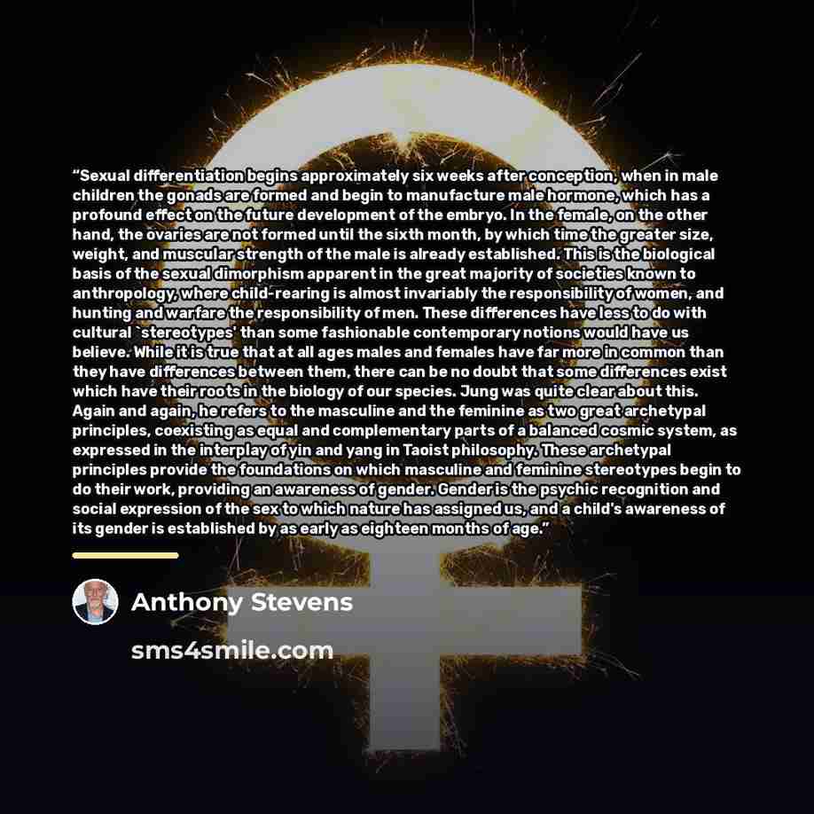 “Sexual differentiation begins approximately six weeks after conception, when in male children the gonads are formed and begin to manufacture male hormone, which has a profound effect on the future development of the embryo. In the female, on the other hand, the ovaries are not formed until the…” quote by Anthony Stevens