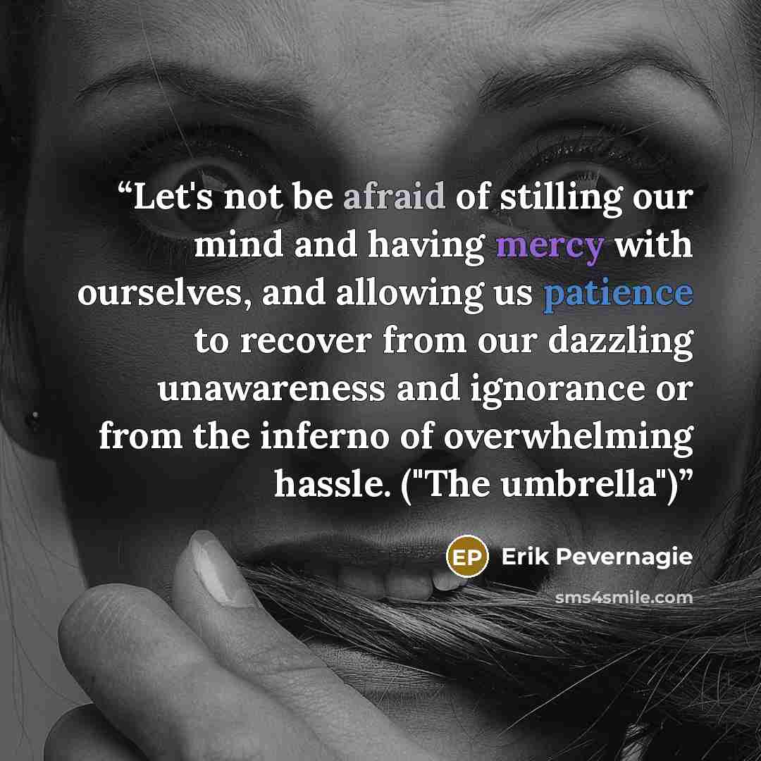 “Let's not be afraid of stilling our mind and having mercy with ourselves, and allowing us patience to recover from our dazzling unawareness and ignorance or from the inferno of overwhelming hassle. ("The umbrella")” quote by Erik Pevernagie