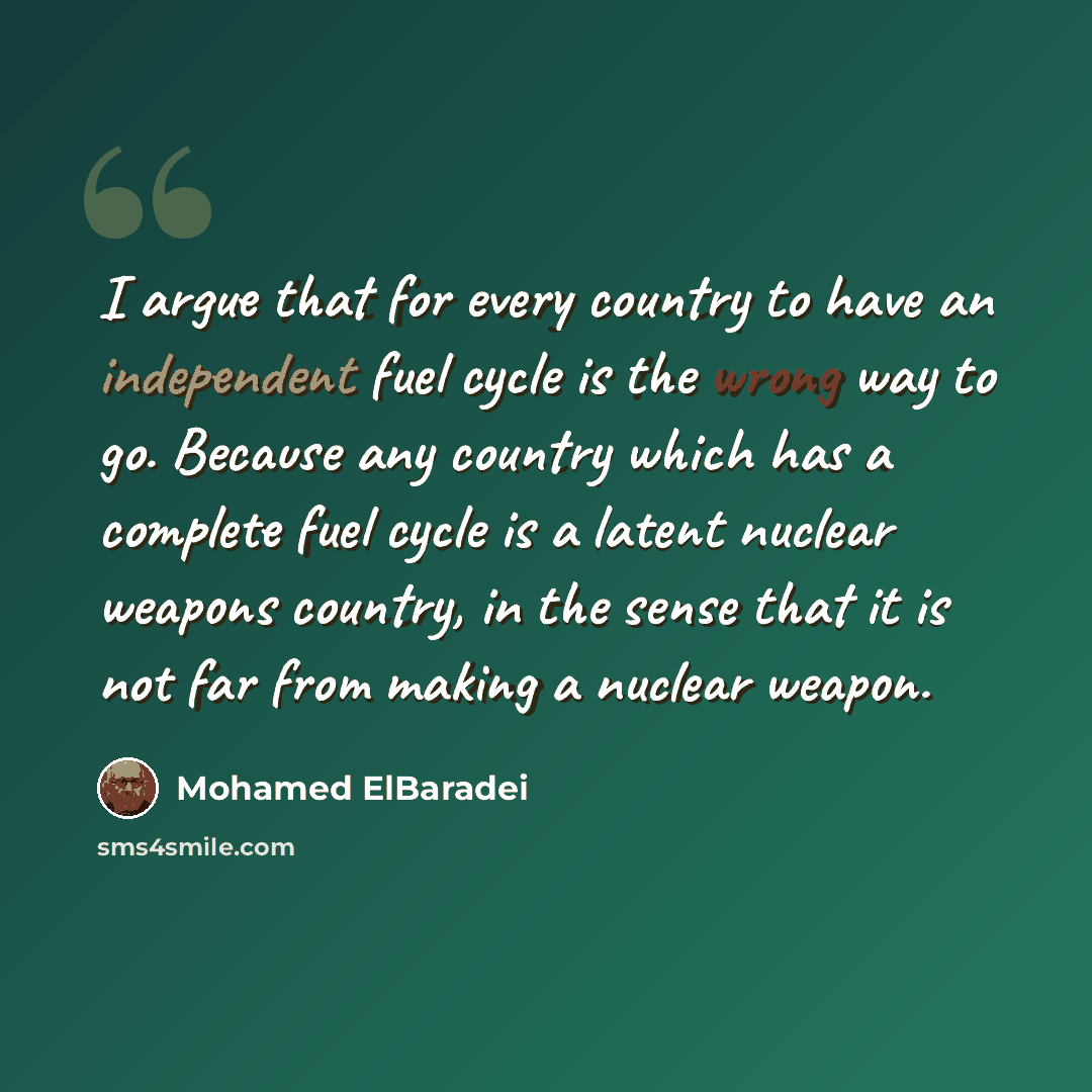 “I argue that for every country to have an independent fuel cycle is the wrong way to go. Because any country which has a complete fuel cycle is a latent nuclear weapons country, in the sense that it is not far from making a nuclear weapon.” quote by Mohamed ElBaradei