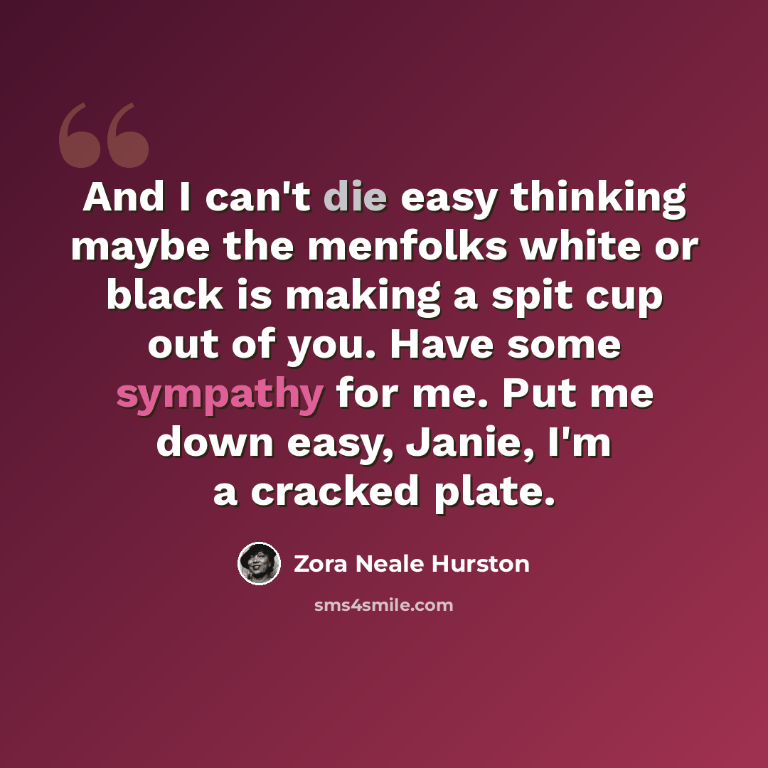 “And I can't die easy thinking maybe the menfolks white or black is making a spit cup out of you. Have some sympathy for me. Put me down easy, Janie, I'm a cracked plate.” quote by Zora Neale Hurston
