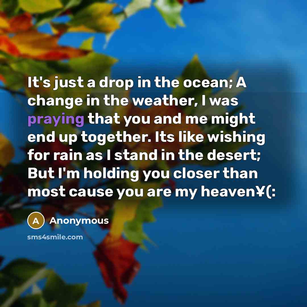 “It's just a drop in the ocean; A change in the weather, I was praying that you and me might end up together. Its like wishing for rain as I stand in the desert; But I'm holding you closer than most cause you are my heaven¥(:” quote by Anonymous