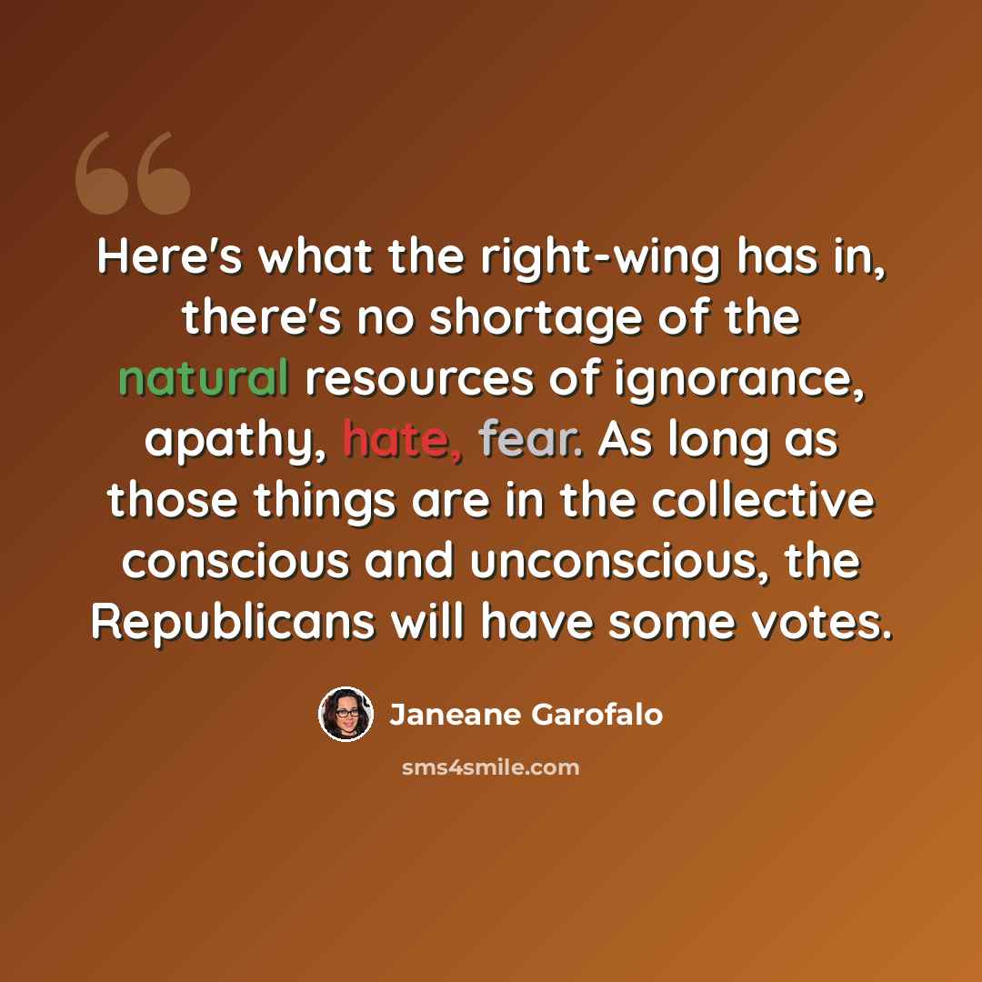 “Here's what the right-wing has in, there's no shortage of the natural resources of ignorance, apathy, hate, fear. As long as those things are in the collective conscious and unconscious, the Republicans will have some votes.” quote by Janeane Garofalo