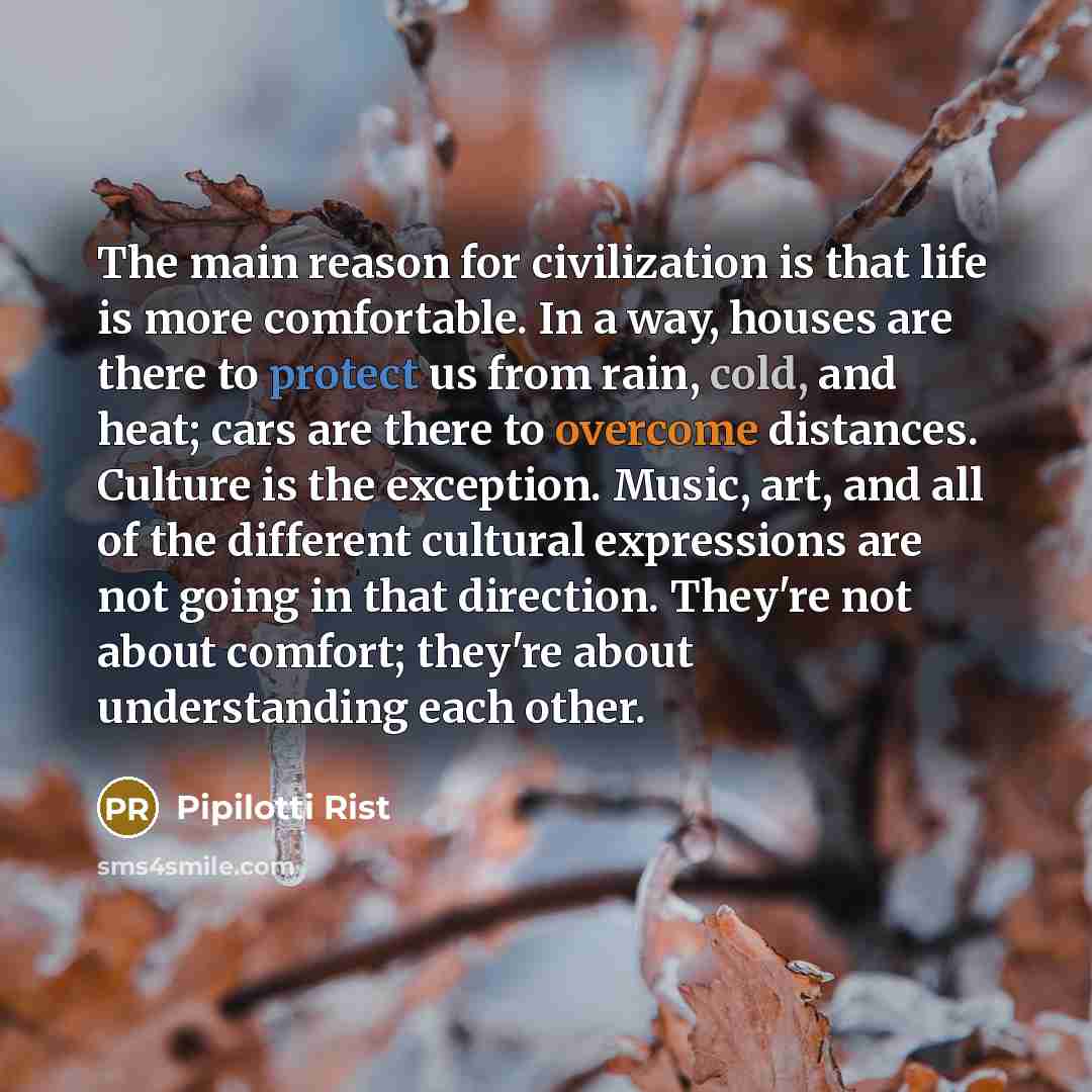 “The main reason for civilization is that life is more comfortable. In a way, houses are there to protect us from rain, cold, and heat; cars are there to overcome distances. Culture is the exception. Music, art, and all of the different cultural expressions are not going in that direction. They're…” quote by Pipilotti Rist