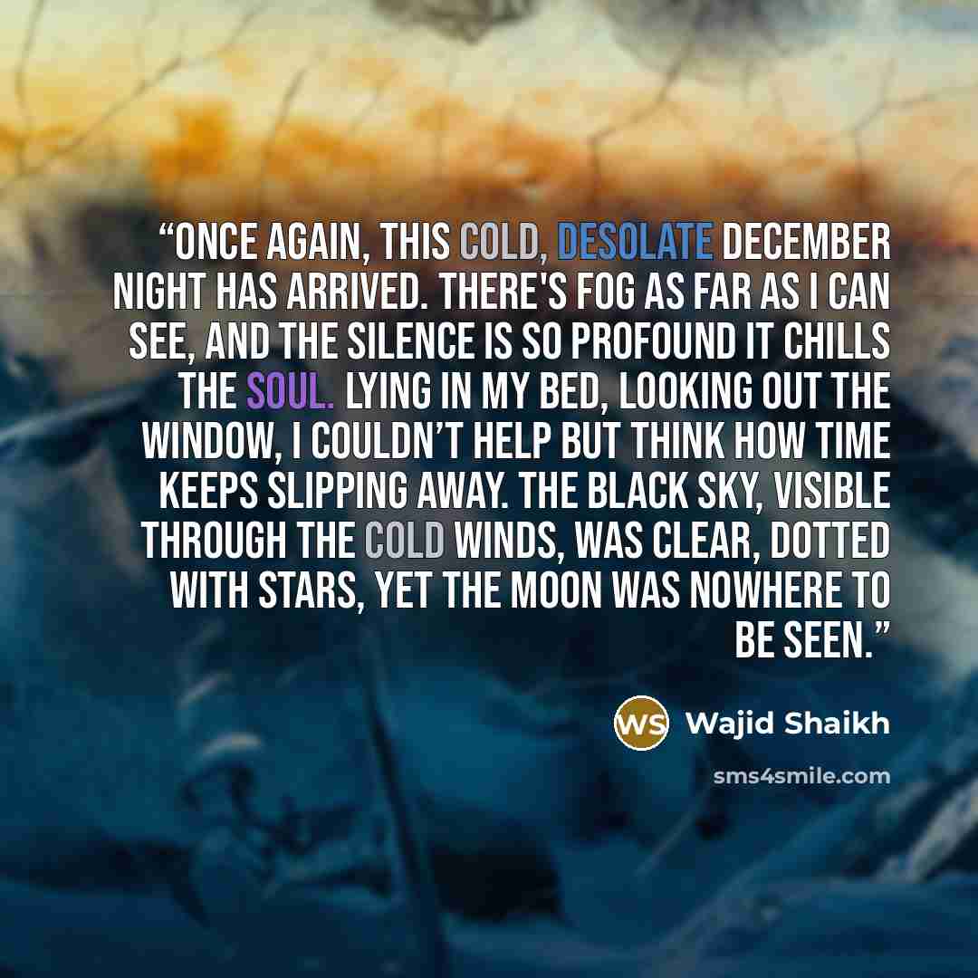 “Once again, this cold, desolate December night has arrived. There's fog as far as I can see, and the silence is so profound it chills the soul. Lying in my bed, looking out the window, I couldn’t help but think how time keeps slipping away. The black sky, visible through the cold winds, was clear…” quote by Wajid Shaikh