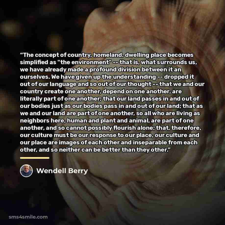 “The concept of country, homeland, dwelling place becomes simplified as "the environment" -- that is, what surrounds us, we have already made a profound division between it an ourselves. We have given up the understanding -- dropped it out of our language and so out of our thought -- that we and…” quote by Wendell Berry