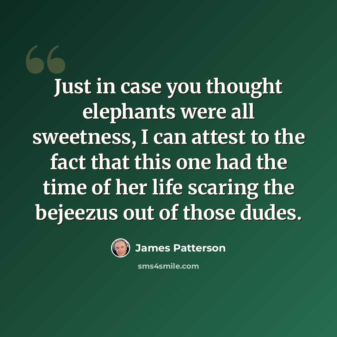 “Just in case you thought elephants were all sweetness, I can attest to the fact that this one had the time of her life scaring the bejeezus out of those dudes.” quote by James Patterson