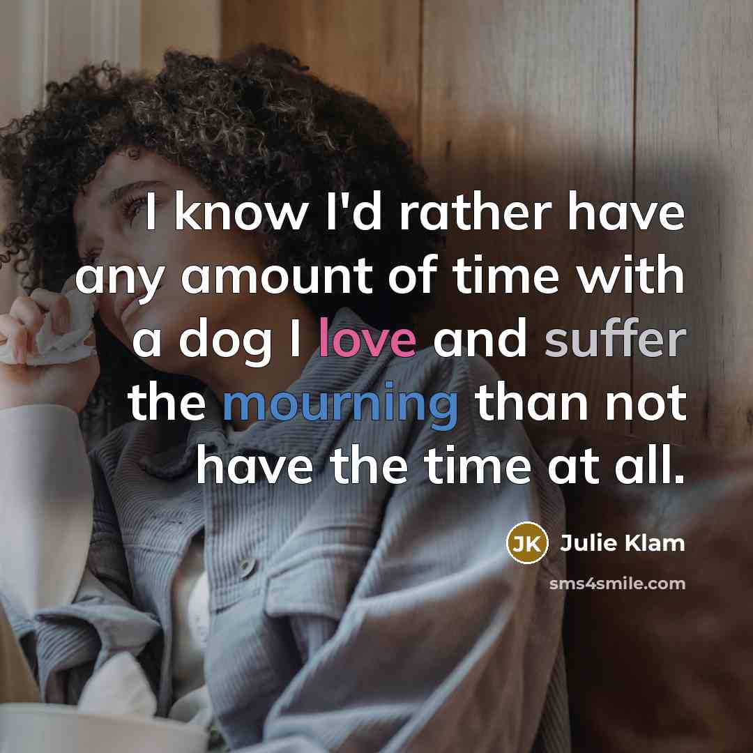 “I know I'd rather have any amount of time with a dog I love and suffer the mourning than not have the time at all.” quote by Julie Klam