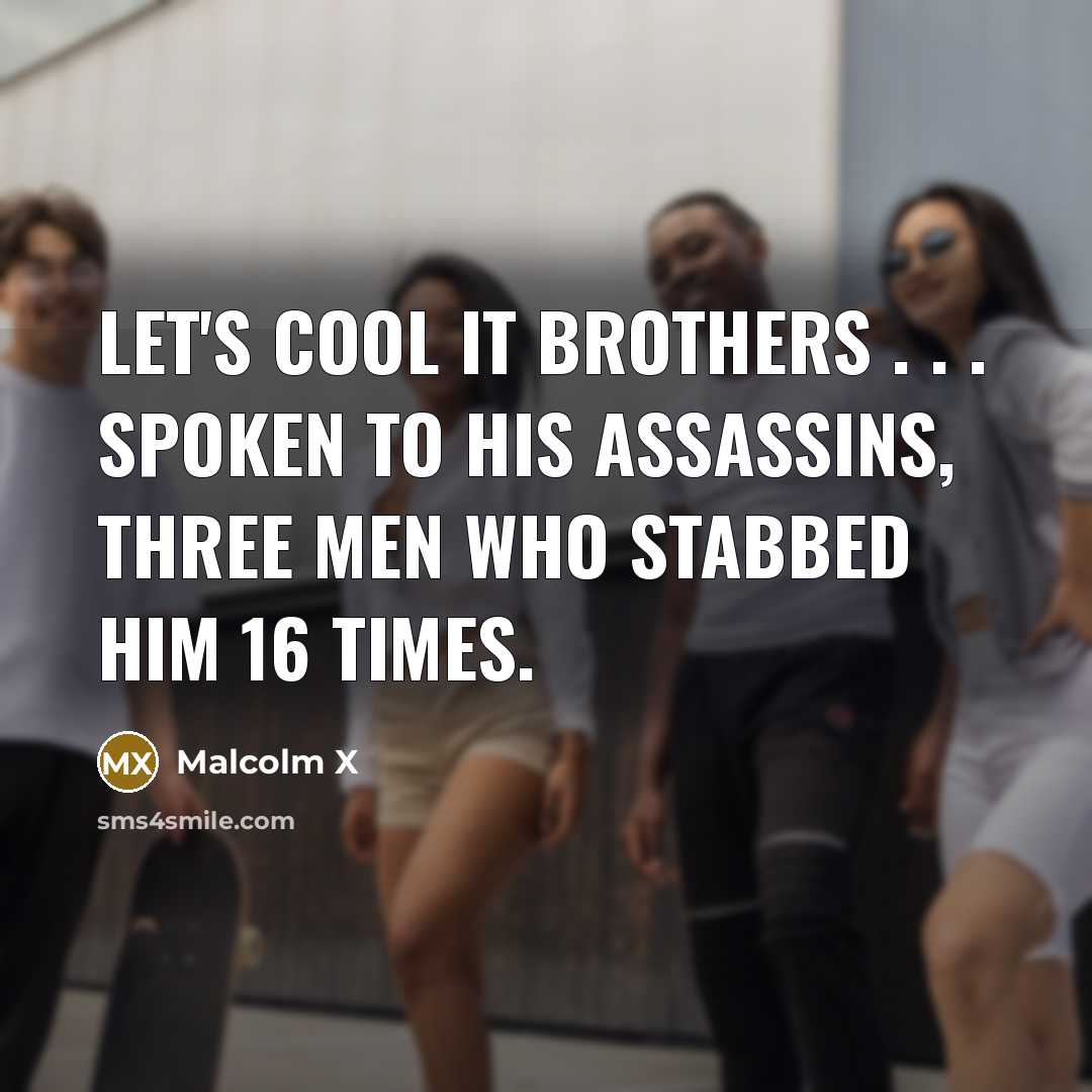 “Let's cool it brothers . . . Spoken to his assassins, three men who stabbed him 16 times.” quote by Malcolm X