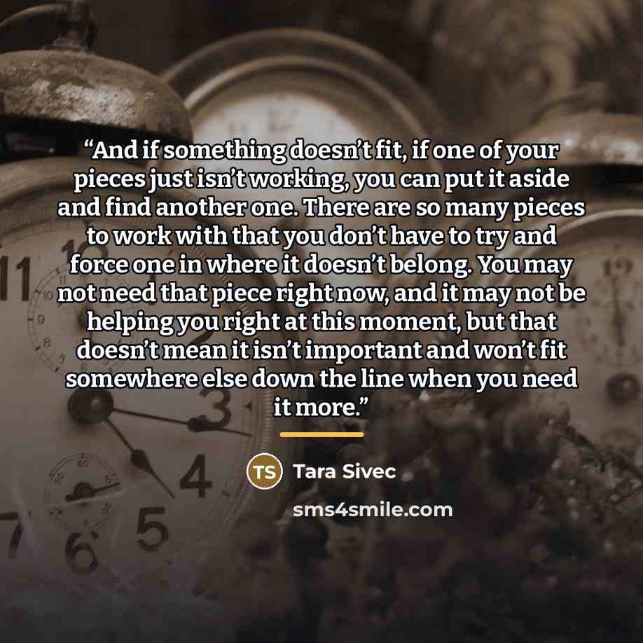 “And if something doesn’t fit, if one of your pieces just isn’t working, you can put it aside and find another one. There are so many pieces to work with that you don’t have to try and force one in where it doesn’t belong. You may not need that piece right now, and it may not be helping you right…” quote by Tara Sivec