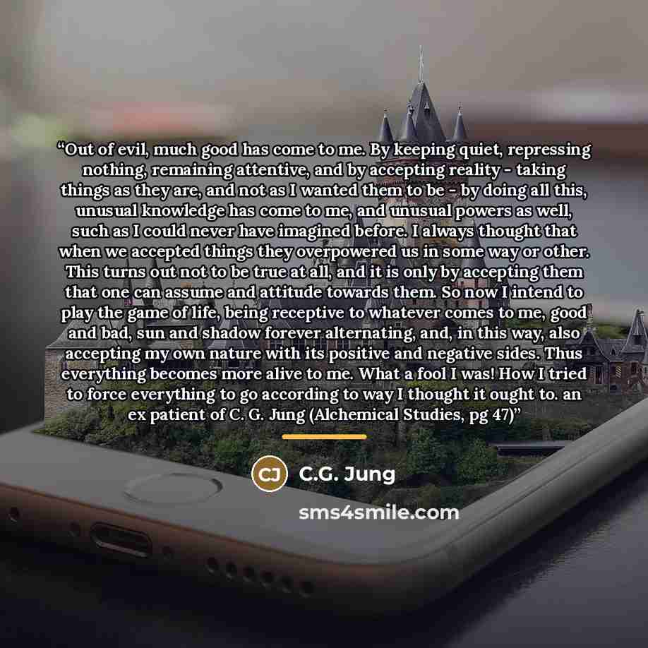 “Out of evil, much good has come to me. By keeping quiet, repressing nothing, remaining attentive, and by accepting reality - taking things as they are, and not as I wanted them to be - by doing all this, unusual knowledge has come to me, and unusual powers as well, such as I could never have…” quote by C.G. Jung