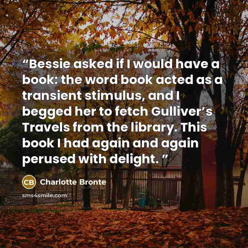 “Bessie asked if I would have a book: the word book acted as a transient stimulus, and I begged her to fetch Gulliver’s Travels from the library. This book I had again and again perused with delight.” quote by Charlotte Brontë
