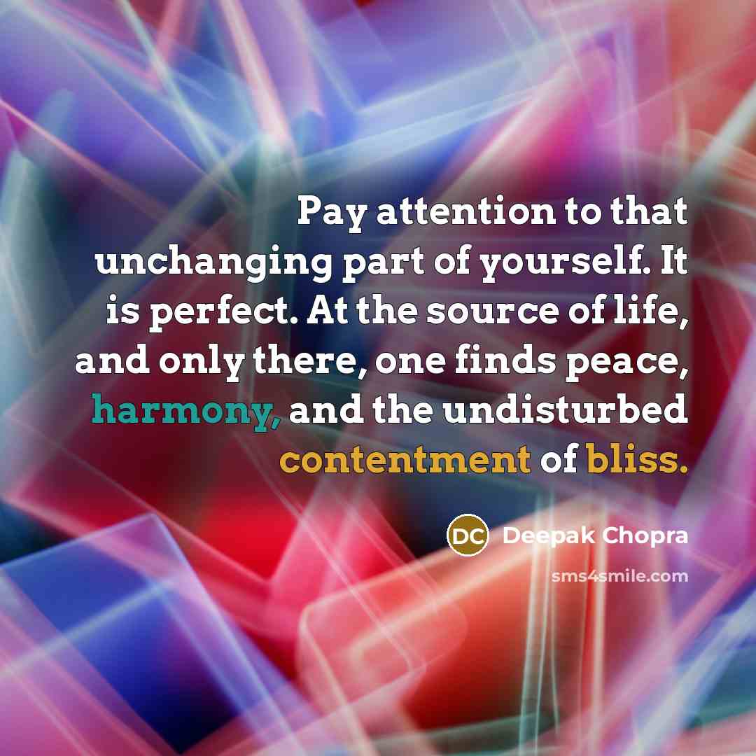 “Pay attention to that unchanging part of yourself. It is perfect. At the source of life, and only there, one finds peace, harmony, and the undisturbed contentment of bliss.” quote by Deepak Chopra