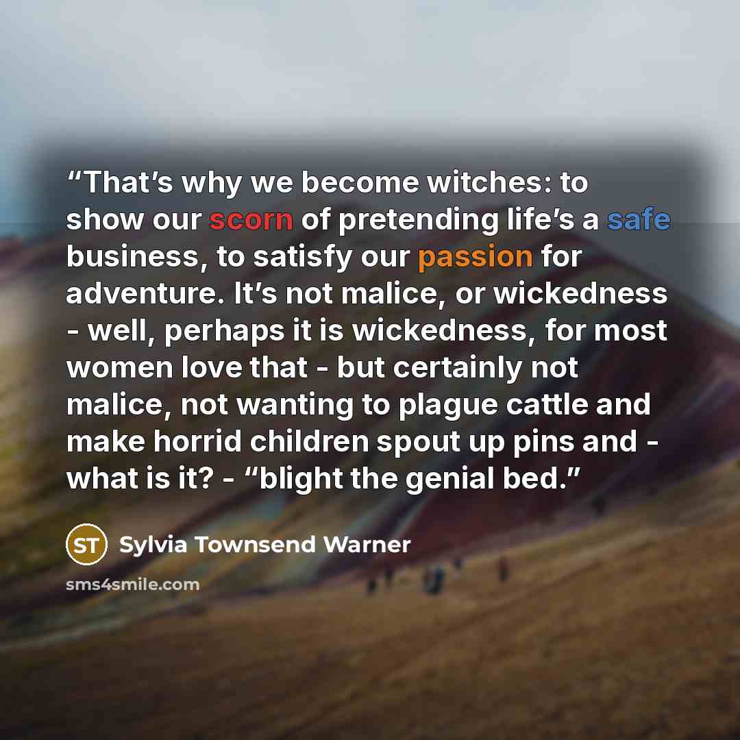 “That’s why we become witches: to show our scorn of pretending life’s a safe business, to satisfy our passion for adventure. It’s not malice, or wickedness - well, perhaps it is wickedness, for most women love that - but certainly not malice, not wanting to plague cattle and make horrid children…” quote by Sylvia Townsend Warner