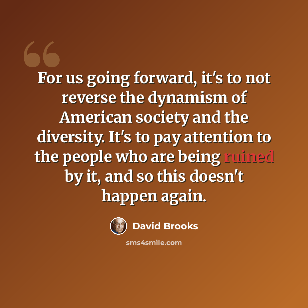 “For us going forward, it's to not reverse the dynamism of American society and the diversity. It's to pay attention to the people who are being ruined by it, and so this doesn't happen again.” quote by David Brooks