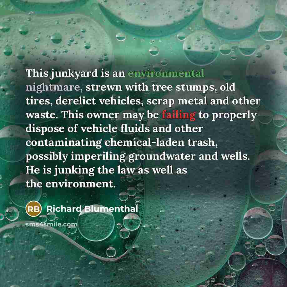 “This junkyard is an environmental nightmare, strewn with tree stumps, old tires, derelict vehicles, scrap metal and other waste. This owner may be failing to properly dispose of vehicle fluids and other contaminating chemical-laden trash, possibly imperiling groundwater and wells. He is junking…” quote by Richard Blumenthal