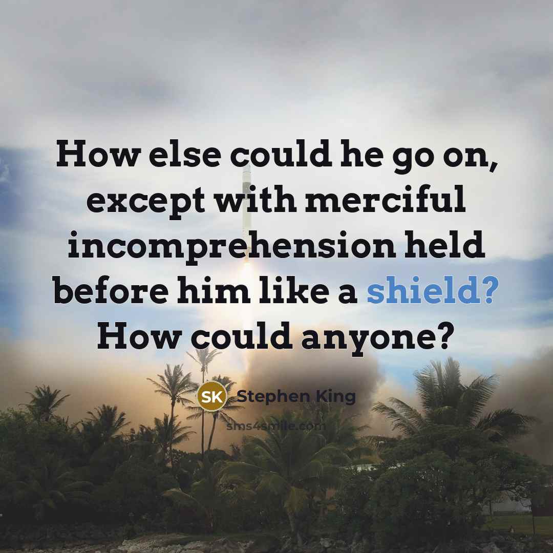 “How else could he go on, except with merciful incomprehension held before him like a shield? How could anyone?” quote by Stephen King